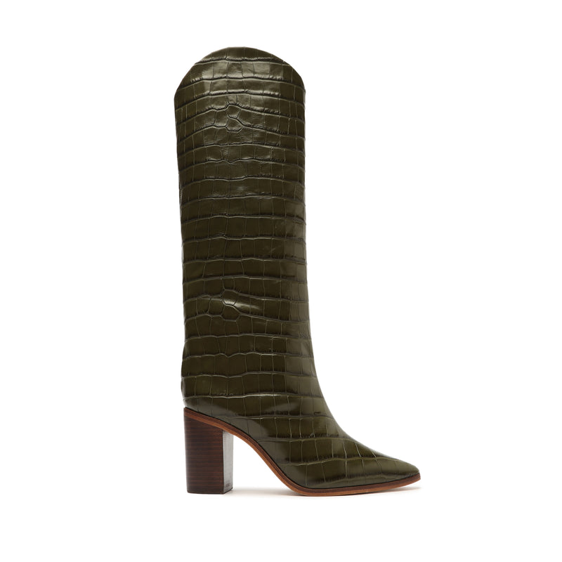 Maryana Block Crocodile-Embossed Leather Boot Boots Open Stock 5 Military Green Crocodile-Embossed Leather - Schutz Shoes